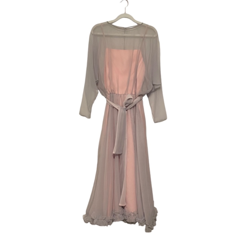 Vintage 70s 80s Emma Domb California Chiffon Sheer Overlay Ruffle Midi‎ Dress